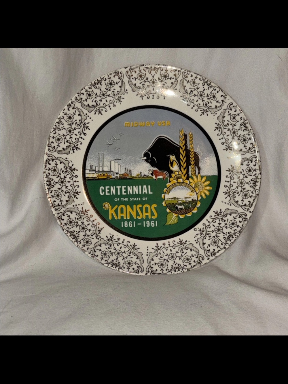 Centennial of Kansas Decorative Plate - Green, Black & Gold Accents